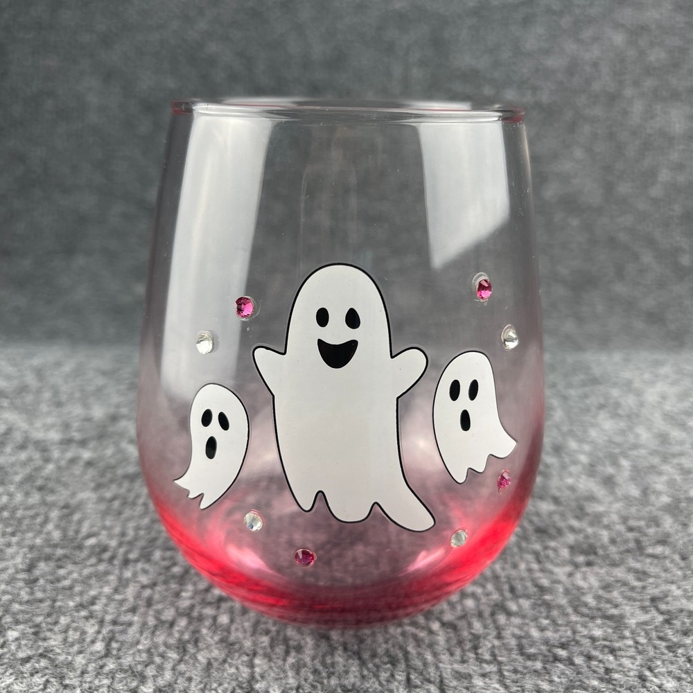 Cobwebs & Cauldrons Halloween Pink Ghost Rhinestone Stemless Wine Glass NEW - Picture 7 of 14